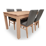 Elwood Tasmanian Oak 1500 Dining Set with 4 x Nico Leather Dining Chairs w Tasmanian Oak Leg