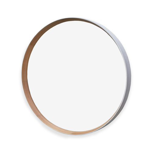 Small Round Wall Mirror #2 - Natural American Oak Frame w White Accent