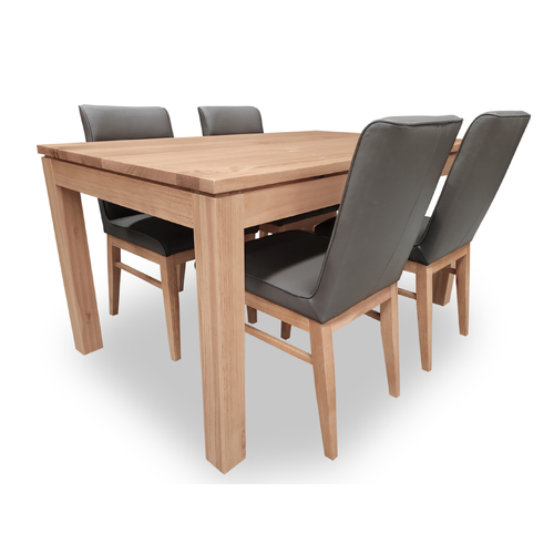 Elwood Tasmanian Oak 1500 Dining Set with 4 x Nico Leather Dining Chairs w Tasmanian Oak Leg