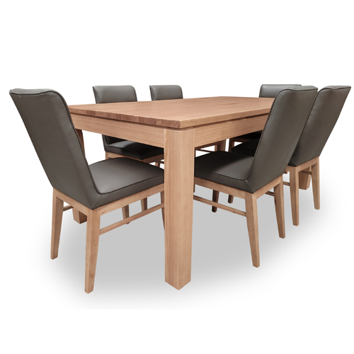 Elwood Tasmanian Oak 1800 Dining Set with 6 x Nico Leather Dining Chairs w Tasmanian Oak Leg