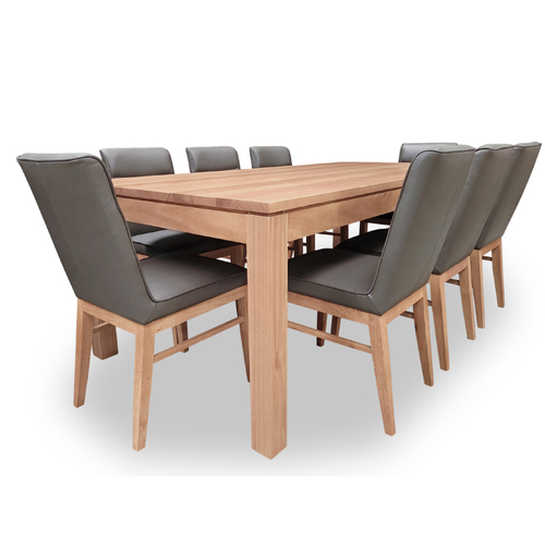 Elwood Tasmanian Oak 2100 Dining Set with 8 x Nico Leather Dining Chairs w Tasmanian Oak Leg