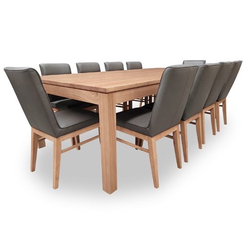 Elwood Tasmanian Oak 2500 Dining Set with 10 x Nico Leather Dining Chairs BLACK w Tasmanian Oak Leg