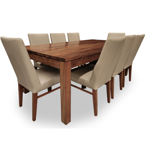 Elwood Tasmanian Blackwood 2100 Dining Set with 8 x Mid Back Contour Leather Chairs w Blackwood Leg
