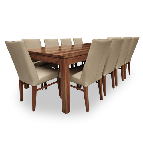 Elwood Tasmanian Blackwood 2500 Dining Set with 10 x Mid Back Contour Leather Chairs w Blackwood Leg