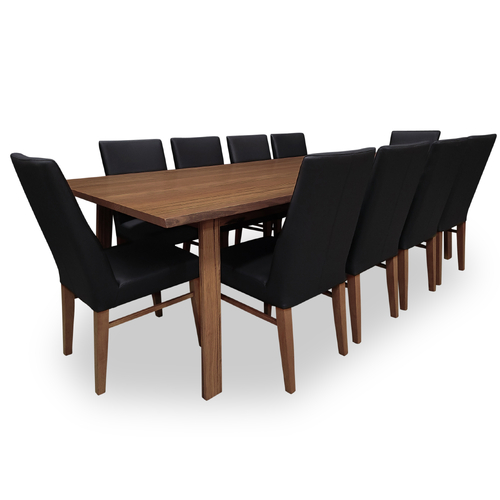 Marri Eucalypt Timber 2700 Dining Set with 10 Mid Back Contour BLACK Chairs w Blackwood Leg